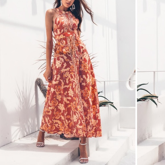 FLORAL PRINT TIE BACK HALTER & FLARE DRESS - Picture 1 of 1